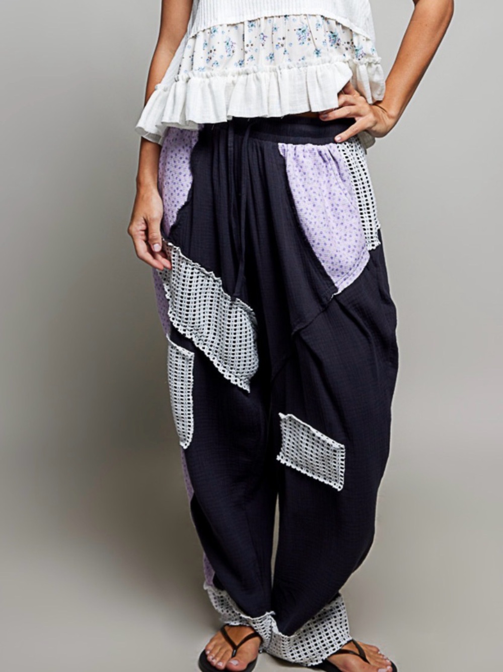 NEW POL Boho Patchwork Pants with Lavender Accents